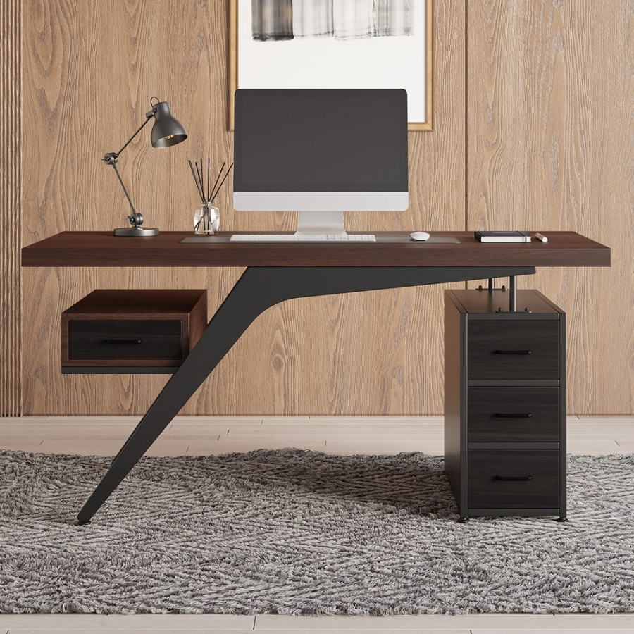 HMR - Office Computer Desk with 4 Drawers in Metal Legs in 59"L, Black, Natural