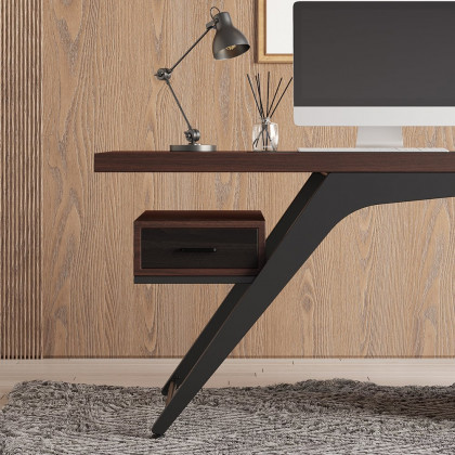 HMR - Office Computer Desk with 4 Drawers in Metal Legs in 59"L, Black, Natural