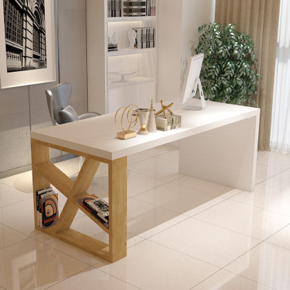 HMR - White Rectangular Writing Desk with Shelves in 63"L