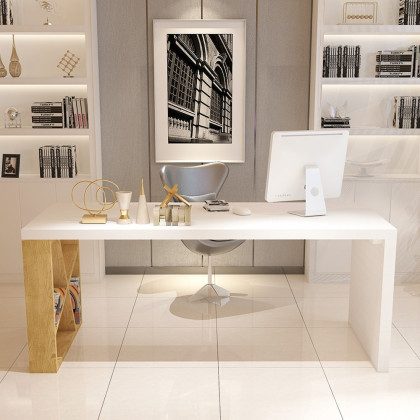 HMR - White Rectangular Writing Desk with Shelves in 63"L