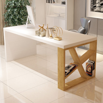 HMR - White Rectangular Writing Desk with Shelves in 63"L