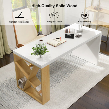 HMR - White Rectangular Writing Desk with Shelves in 63"L