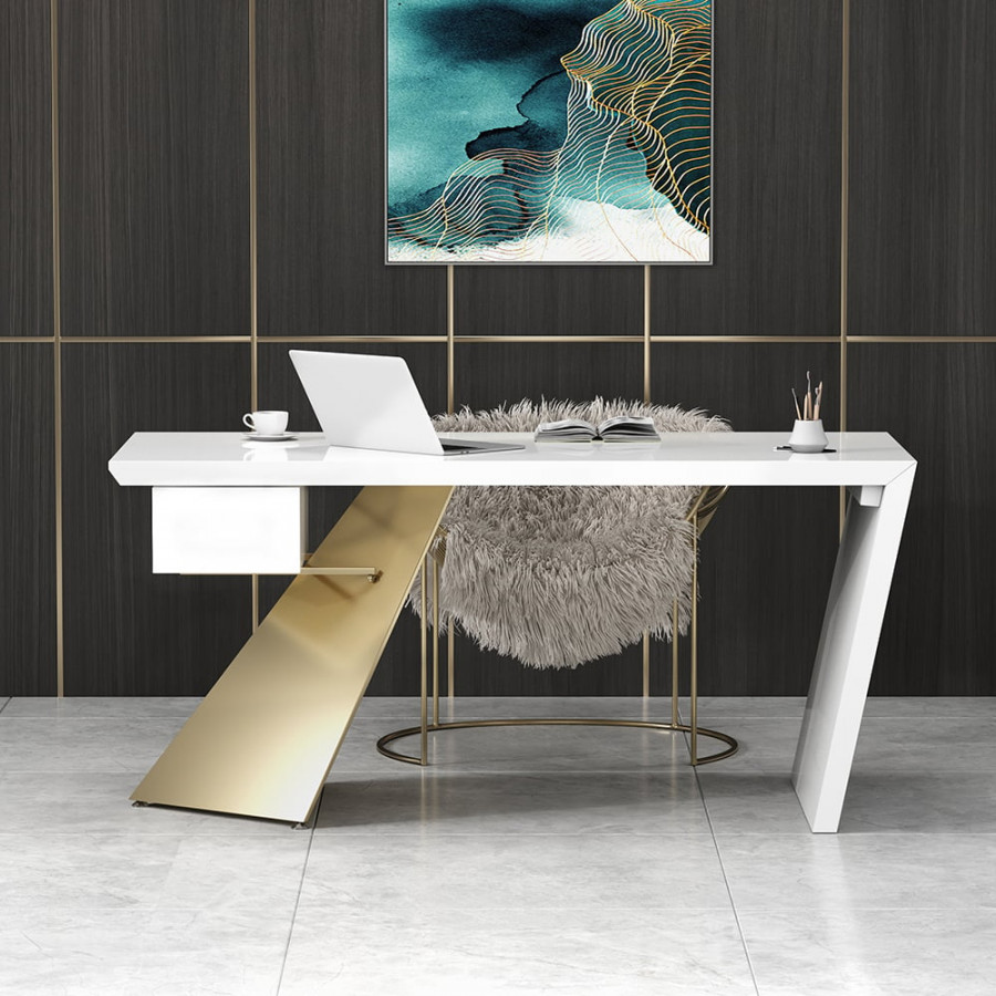 HMR Cabstract Series Modern 63" Office Desk with Drawer - White/Gold