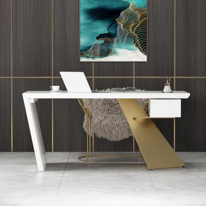 HMR Cabstract Series Modern 63" Office Desk with Drawer - White/Gold