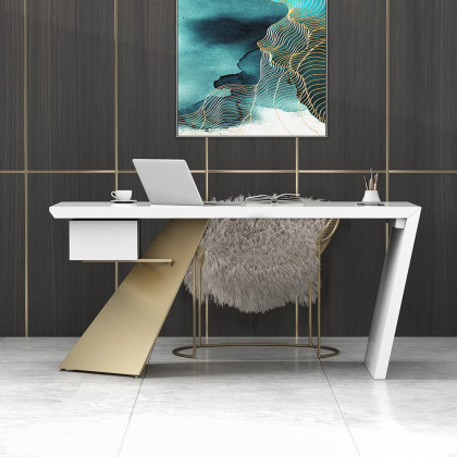 HMR Cabstract Series Modern 63" Office Desk with Drawer - White/Gold