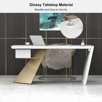 HMR Cabstract Series Modern 63" Office Desk with Drawer - White/Gold