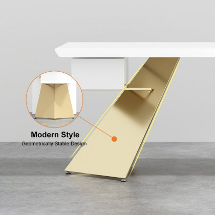 HMR Cabstract Series Modern 63" Office Desk with Drawer - White/Gold