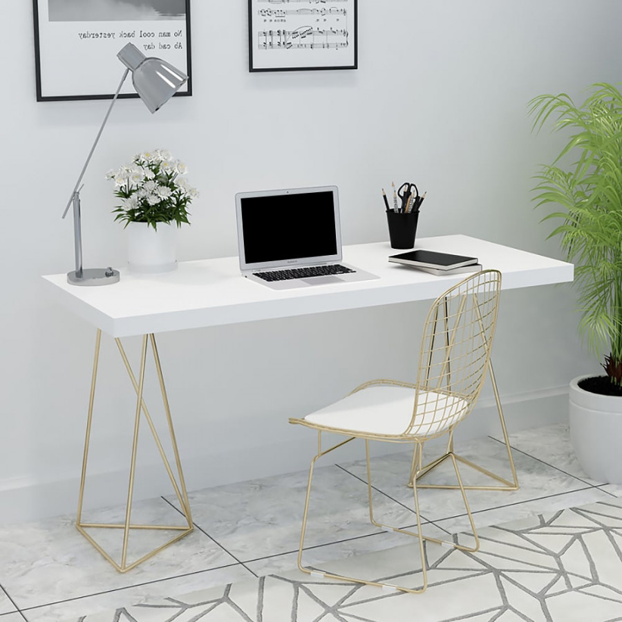 HMR - Writing Desk for Home Office with 2 Gold Pedestal in White, 55.1"L
