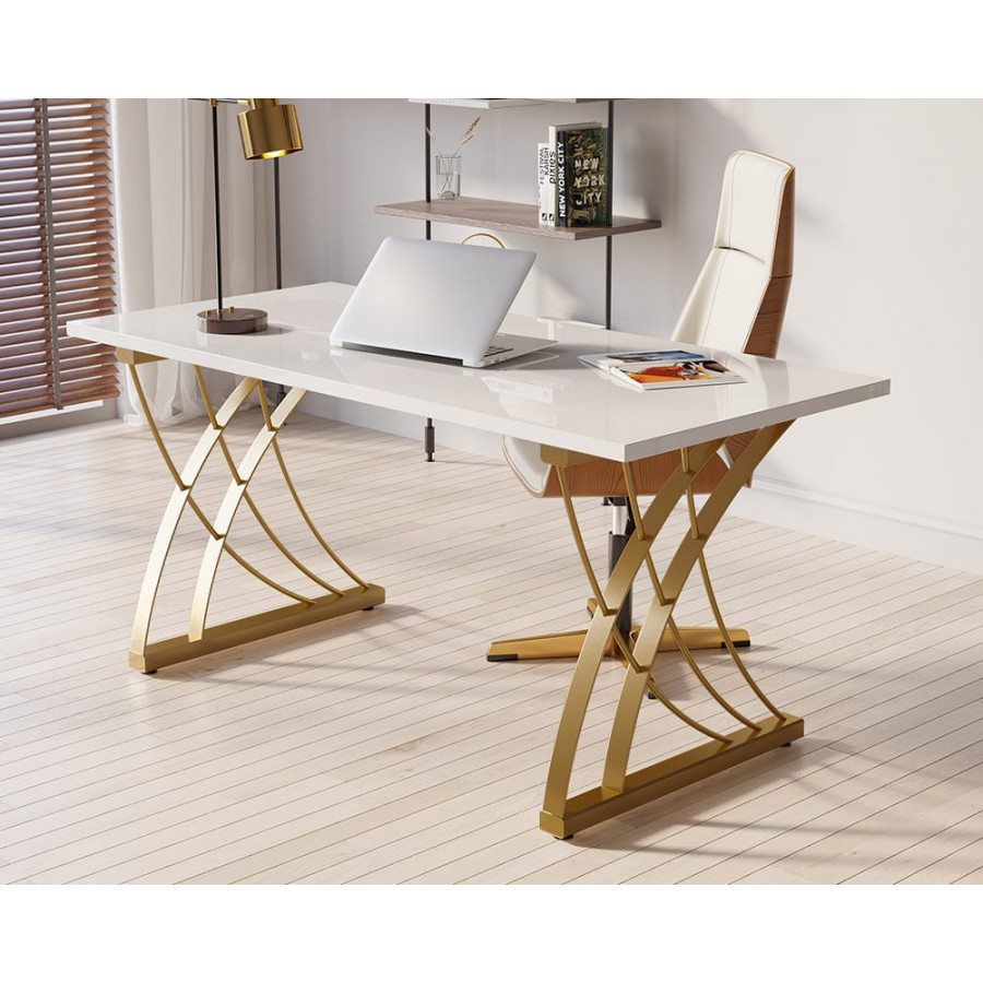 HMR - Computer Desk Rectangular with Gold Frame in White, 63"L x 27.6"W