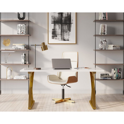 HMR - Computer Desk Rectangular with Gold Frame in White, 63"L x 27.6"W