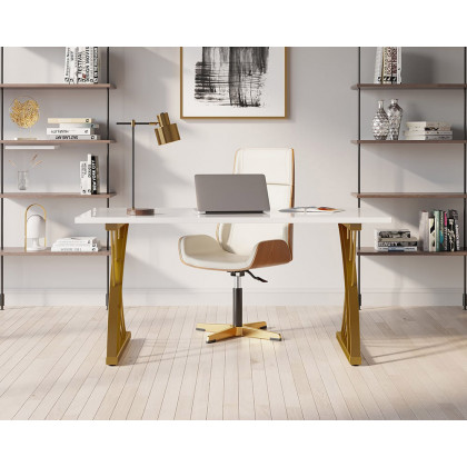 HMR - Computer Desk Rectangular with Gold Frame in White, 63"L x 27.6"W