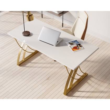 HMR - Computer Desk Rectangular with Gold Frame in White, 63"L x 27.6"W
