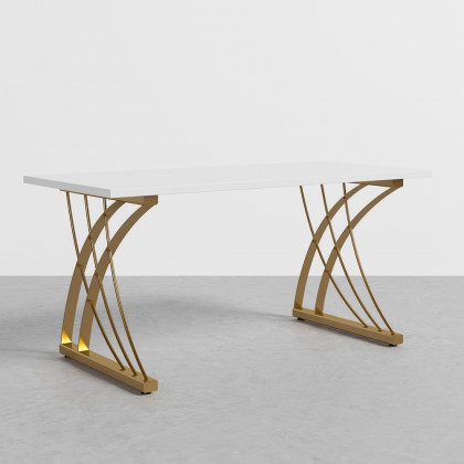 HMR - Computer Desk Rectangular with Gold Frame in White, 63"L x 27.6"W