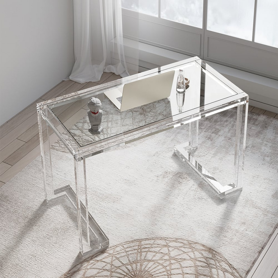 HMR Savea Series Modern 47" Rectangular Office Writing Desk - Clear, Tempered Glass
