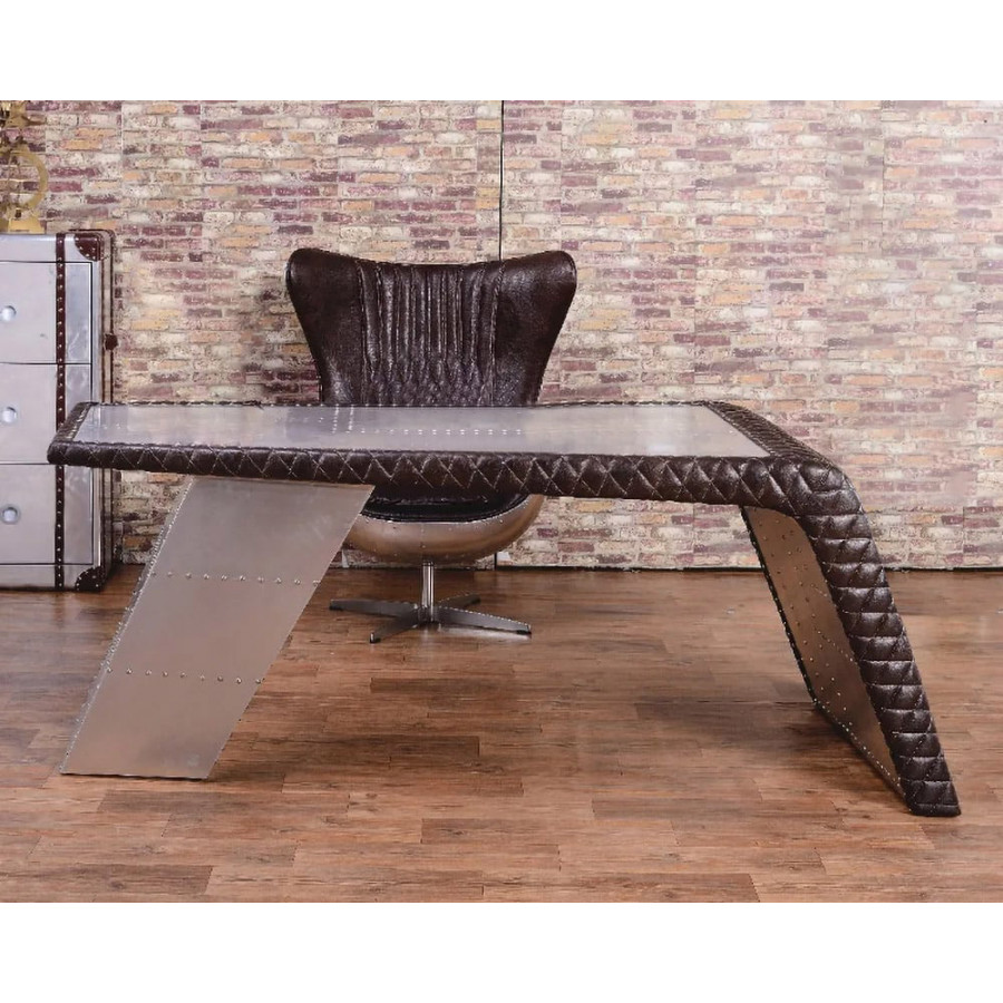 HMR - Aviator Desk with Storage in 76"L, Aluminum and Leather