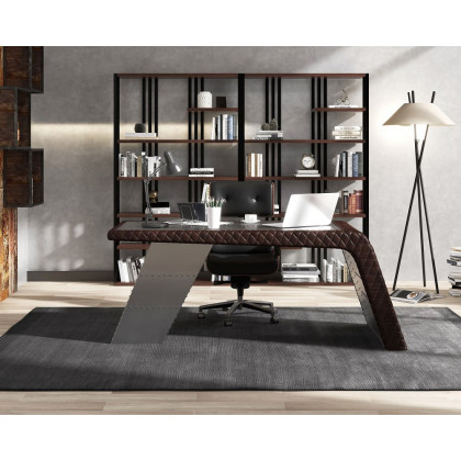 HMR - Aviator Desk with Storage in 76"L, Aluminum and Leather