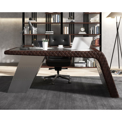 HMR - Aviator Desk with Storage in 76"L, Aluminum and Leather