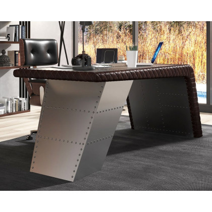 HMR - Aviator Desk with Storage in 76"L, Aluminum and Leather