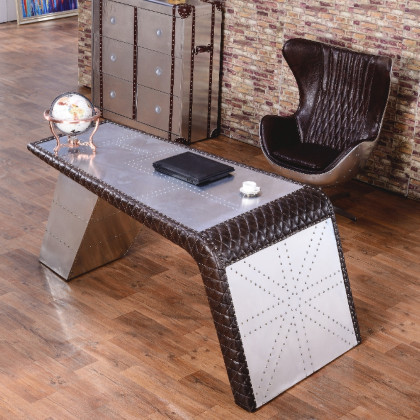 HMR - Aviator Desk with Storage in 76"L, Aluminum and Leather