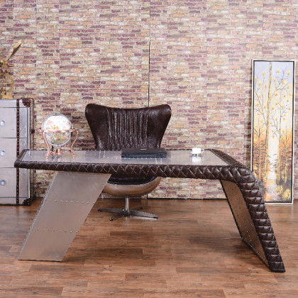 HMR - Aviator Desk with Storage in 76"L, Aluminum and Leather
