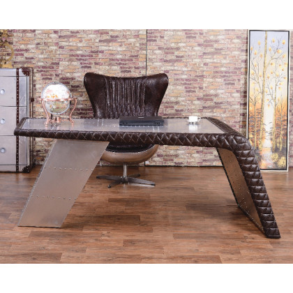 HMR - Aviator Desk with Storage in 76"L, Aluminum and Leather