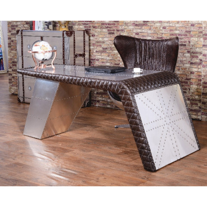 HMR - Aviator Desk with Storage in 76"L, Aluminum and Leather