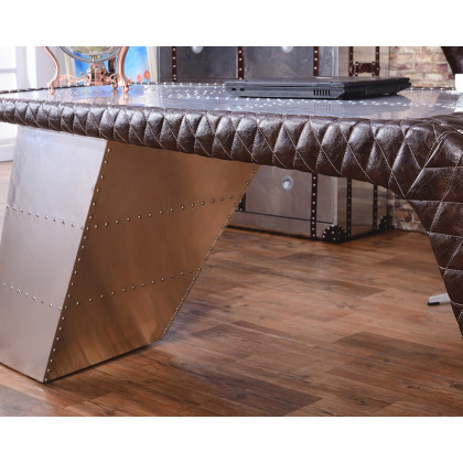 HMR - Aviator Desk with Storage in 76"L, Aluminum and Leather