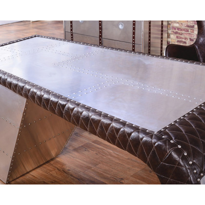 HMR - Aviator Desk with Storage in 76"L, Aluminum and Leather