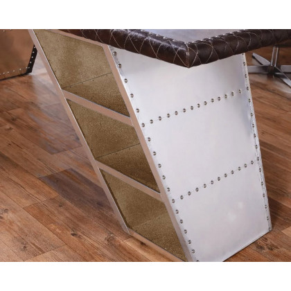 HMR - Aviator Desk with Storage in 76"L, Aluminum and Leather