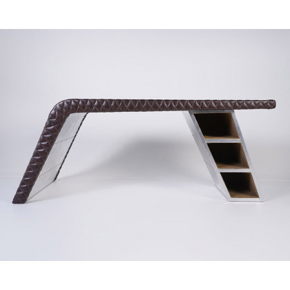 HMR - Aviator Desk with Storage in 76"L, Aluminum and Leather