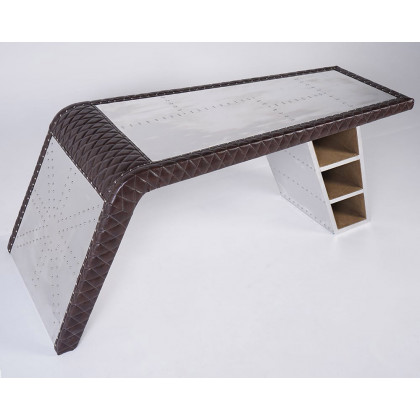 HMR - Aviator Desk with Storage in 76"L, Aluminum and Leather
