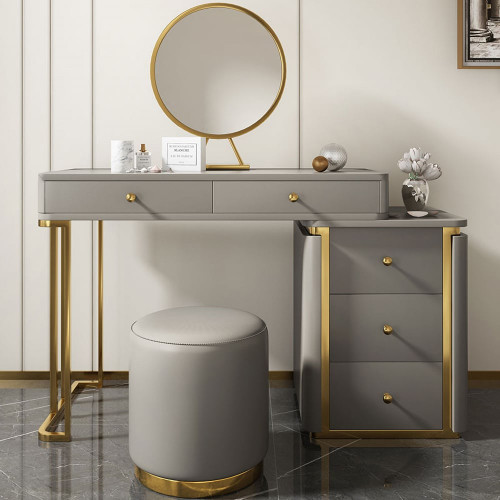 HMR - Retracted 5-Drawer Vanity Table with Stooland Cabinet in Gray