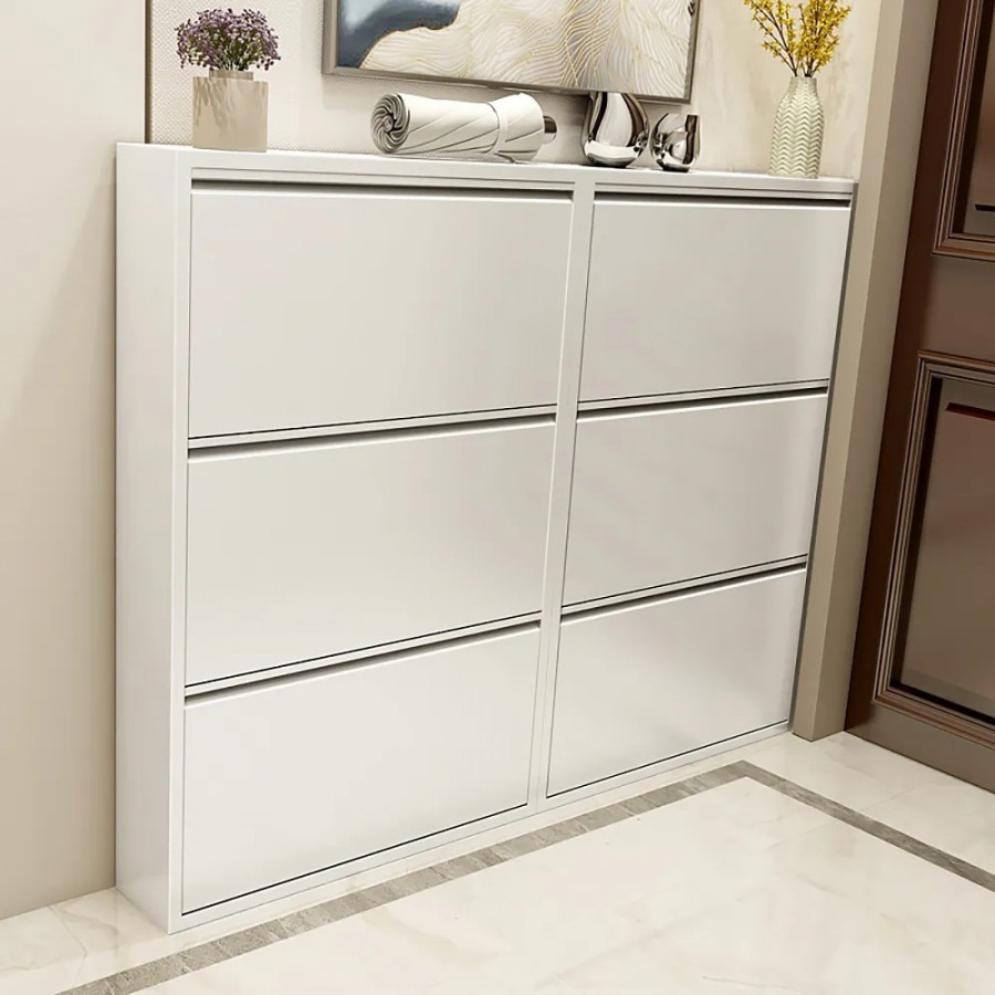 HMR - Narrow Wall Mounted Shoe Storage Cabinet in Medium in White, 25.7"W