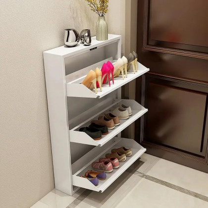 HMR - Narrow Wall Mounted Shoe Storage Cabinet in Medium in White, 25.7"W
