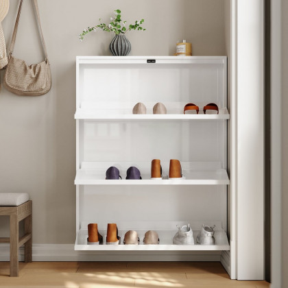 HMR - Narrow Wall Mounted Shoe Storage Cabinet in Medium in White, 25.7"W