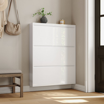 HMR - Narrow Wall Mounted Shoe Storage Cabinet in Medium in White, 25.7"W