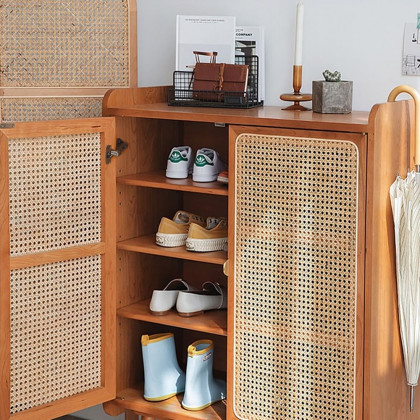 HMR - Farmhouse Rattan 2-Door 4-Shelf Shoe Organizer 31.5" in Walnut