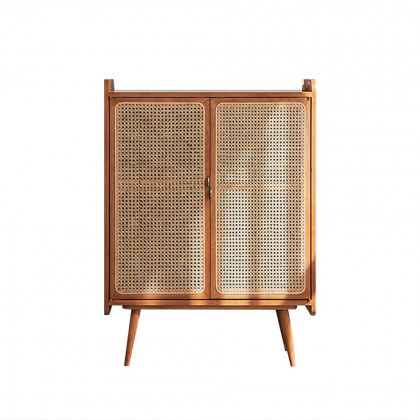 HMR - Farmhouse Rattan 2-Door 4-Shelf Shoe Organizer 31.5" in Walnut