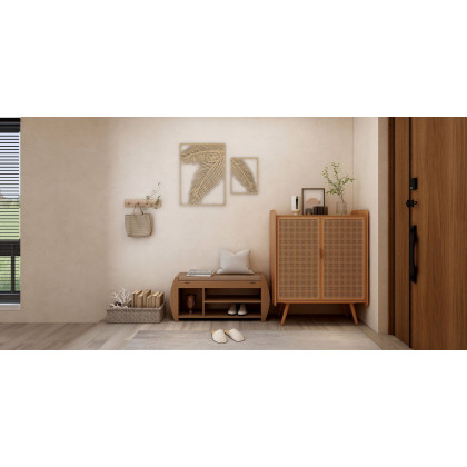 HMR - Farmhouse Rattan 2-Door 4-Shelf Shoe Organizer 31.5" in Walnut