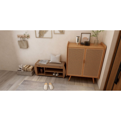 HMR - Farmhouse Rattan 2-Door 4-Shelf Shoe Organizer 31.5" in Walnut