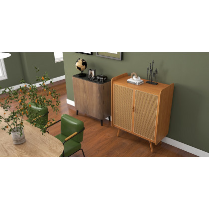HMR - Farmhouse Rattan 2-Door 4-Shelf Shoe Organizer 31.5" in Walnut