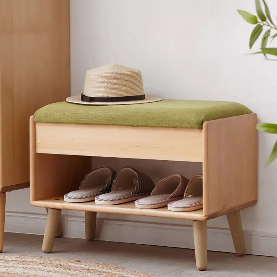 HMR - Modern Flip-Top Upholstered Shoe Rack Bench with Open Storage in Green