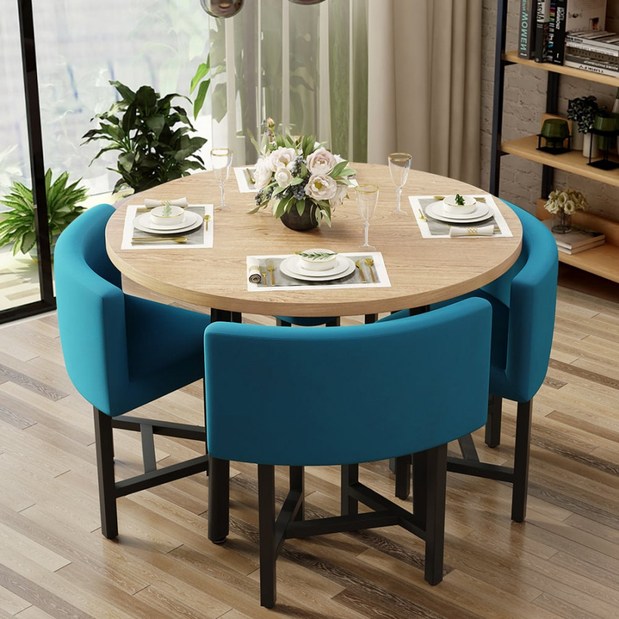 HMR Dining Set 39.4" Modern Round Wood Dining Table with 4 Chairs - Blue/Natural