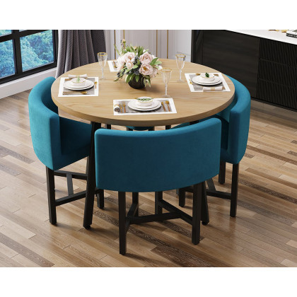 HMR Dining Set 39.4" Modern Round Wood Dining Table with 4 Chairs - Blue/Natural