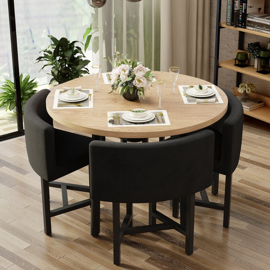 HMR Dining Set 39.4" Modern Round Wood Dining Table with 4 Chairs - Gray/Natural