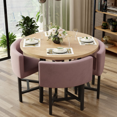 HMR Dining Set 39.4" Modern Round Wood Dining Table with 4 Chairs - Pink/Natural