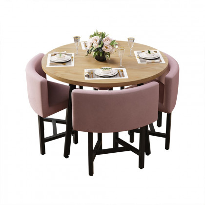 HMR Dining Set 39.4" Modern Round Wood Dining Table with 4 Chairs - Pink/Natural
