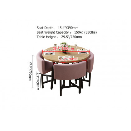 HMR Dining Set 39.4" Modern Round Wood Dining Table with 4 Chairs - Pink/Natural