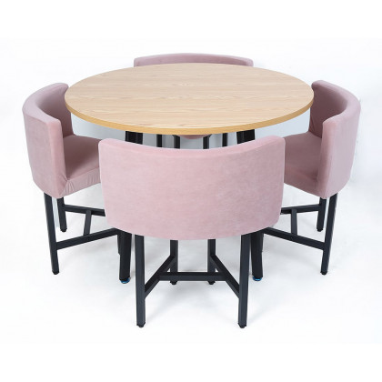 HMR Dining Set 39.4" Modern Round Wood Dining Table with 4 Chairs - Pink/Natural