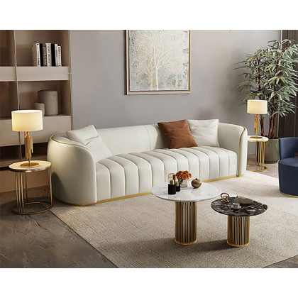 HMR Modern 3-Seater Sofa with Faux Leather Upholstered - White/Gold